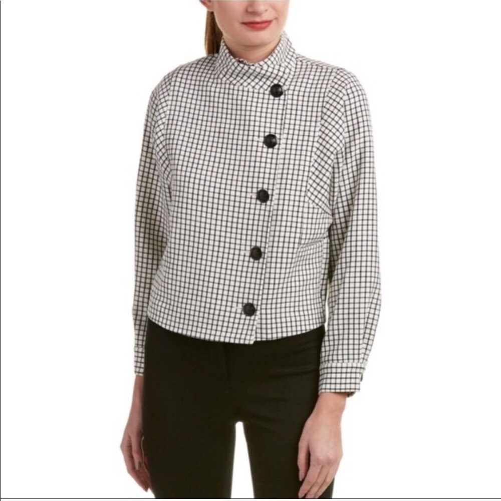 CAbi #3173 Windowpane Jacket Asymmetric Button Cropped Long Sleeve Size XS
